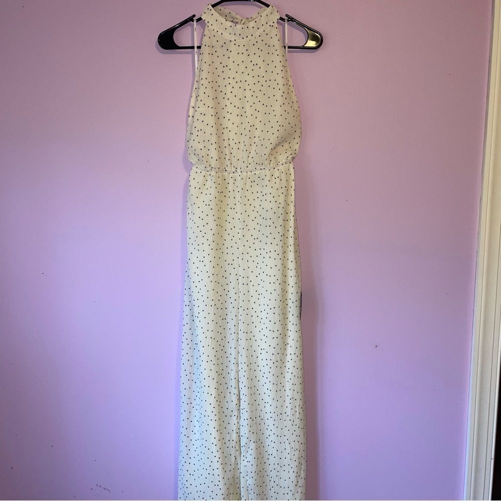NEW Lulu's Size XS Crinkle White Polka Dot Sleeveless Jumpsuit Halter Wide Leg